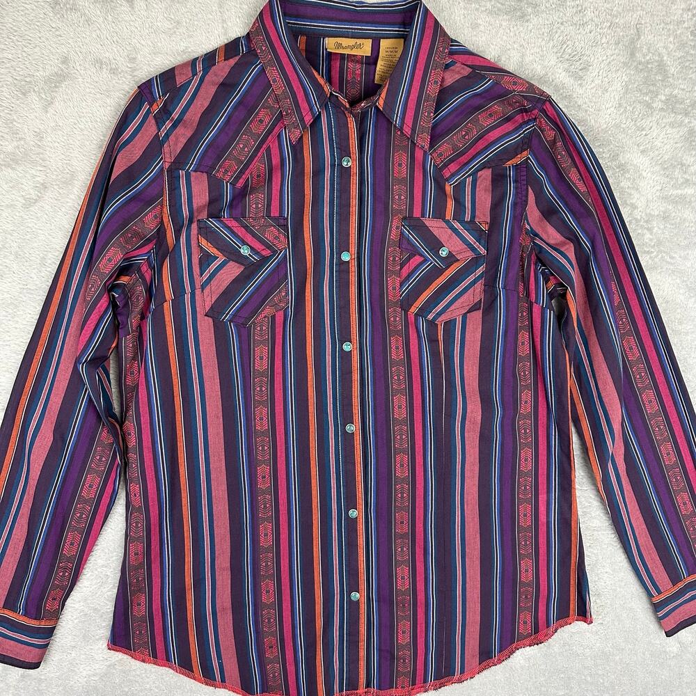 Wrangler Western Aztec Pearl Snap Purple Pink Long Sleeve Shirt Womens M Cowgir